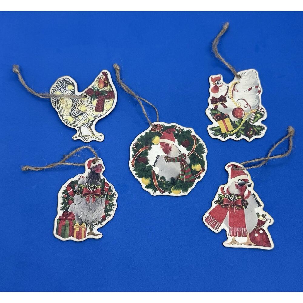 Five Chicken Themed Ornaments Christmas Holiday Balsa Wood Twine Hangers New